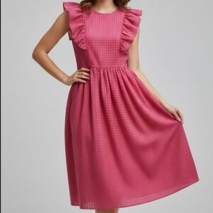 SHEIN Pink Textured Check Ruffle Flutter Sleeve Midi Fit and Flare Dress S